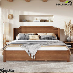 Bellemave® Solid Wood Platform Bed with Headboard, Natural Finish Minimalist Design, No Box Spring Needed - Bellemave