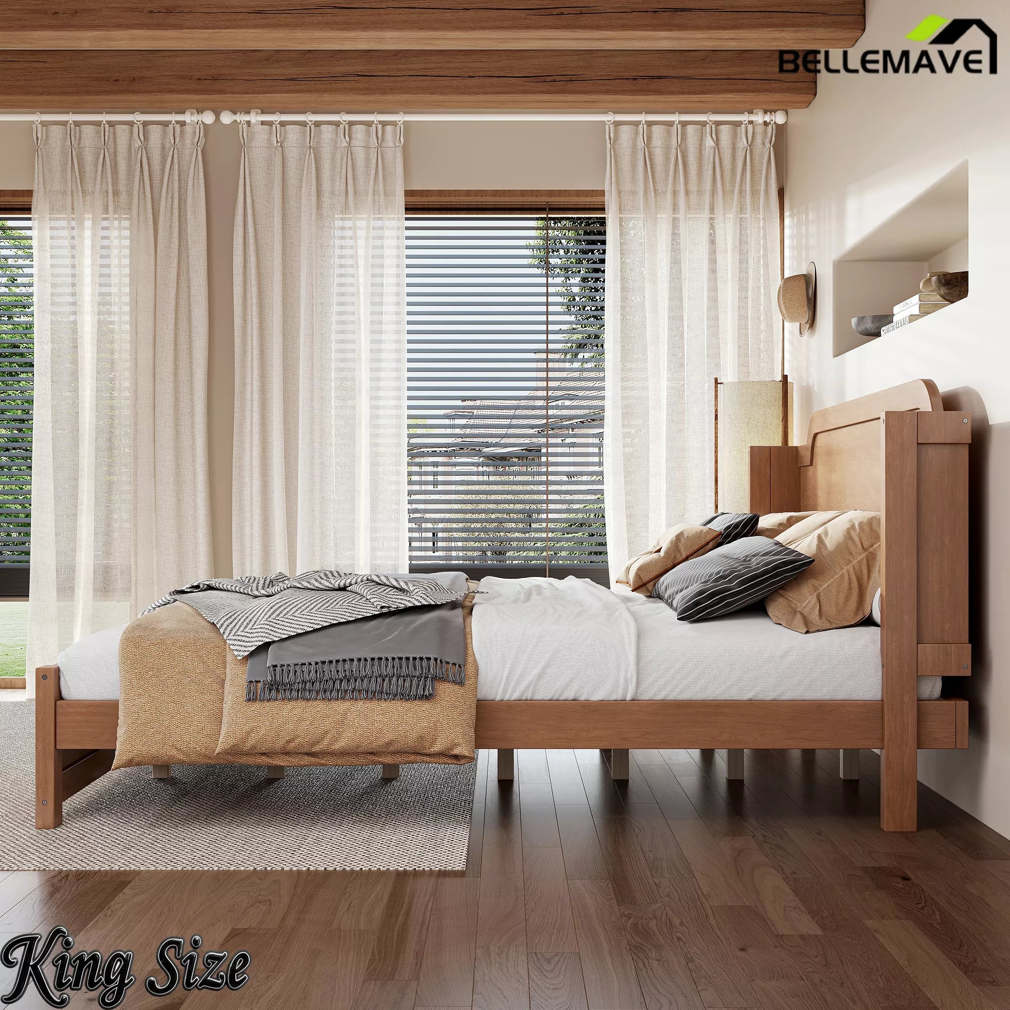 Bellemave® Solid Wood Platform Bed with Headboard, Natural Finish Minimalist Design, No Box Spring Needed - Bellemave