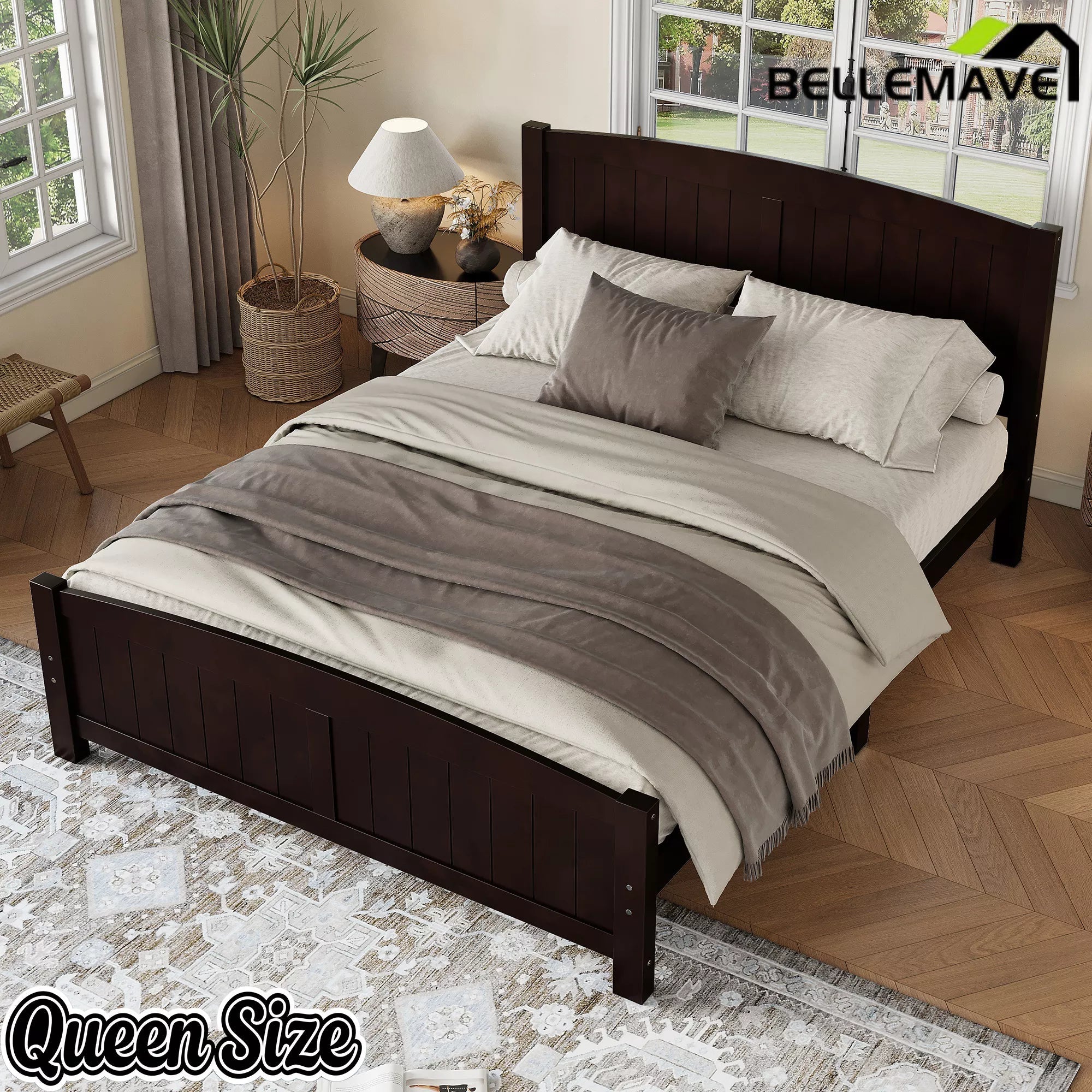 Bellemave® Solid Wood Platform Bed with Support Slats and Strong Structure, No Box Spring Needed - Bellemave