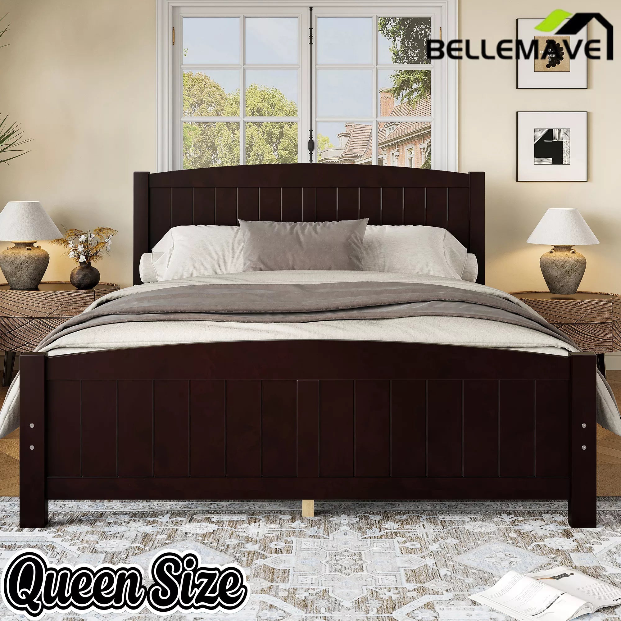 Bellemave® Solid Wood Platform Bed with Support Slats and Strong Structure, No Box Spring Needed - Bellemave