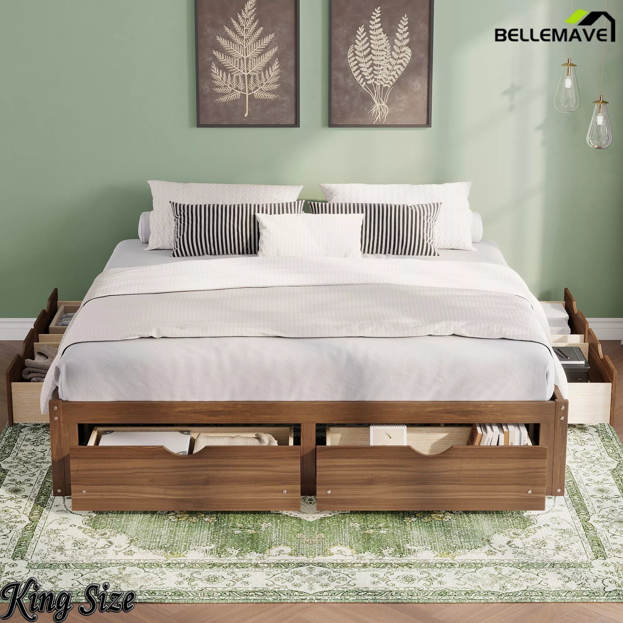 Bellemave® Solid Wood Platform Storage Bed with 6 Drawers, Pine Wood Storage Bed Frame - Bellemave