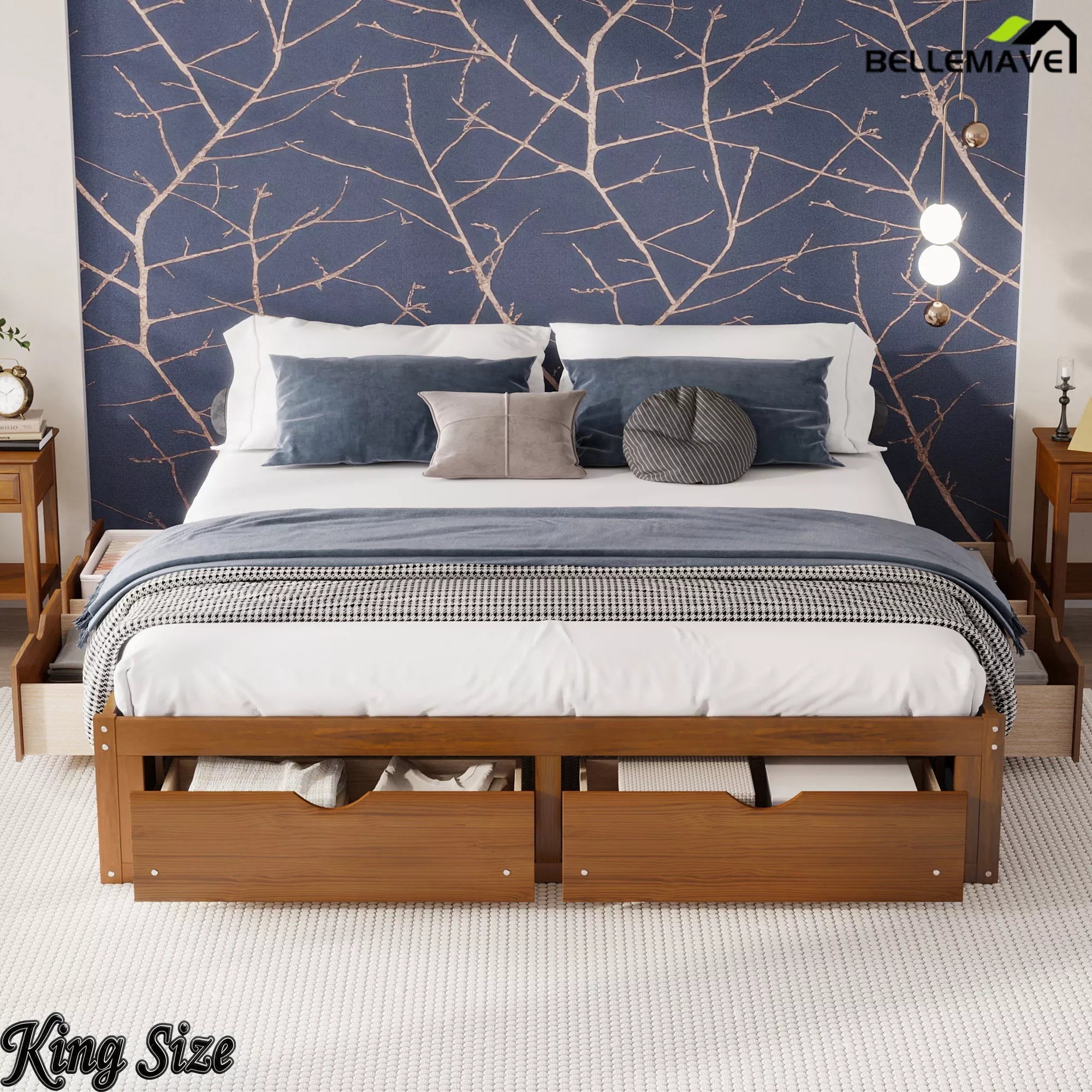 Bellemave® Solid Wood Platform Storage Bed with 6 Drawers, Pine Wood Storage Bed Frame - Bellemave