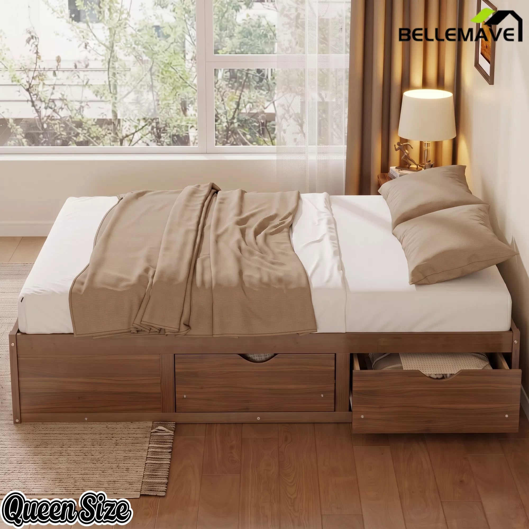 Bellemave® Solid Wood Platform Storage Bed with 6 Drawers, Pine Wood Storage Bed Frame - Bellemave