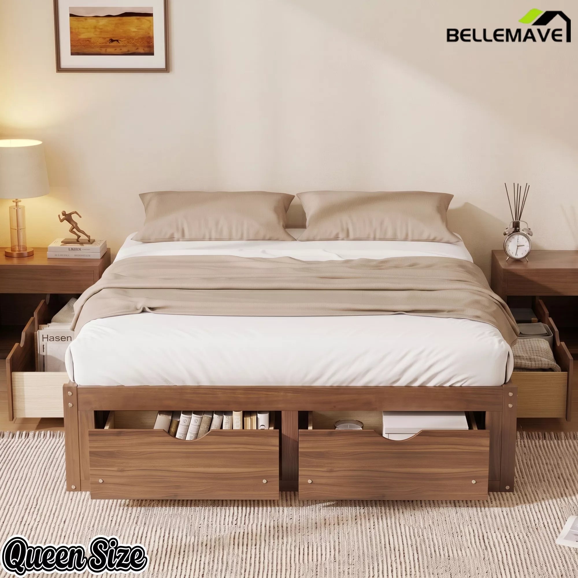 Bellemave® Solid Wood Platform Storage Bed with 6 Drawers, Pine Wood Storage Bed Frame - Bellemave