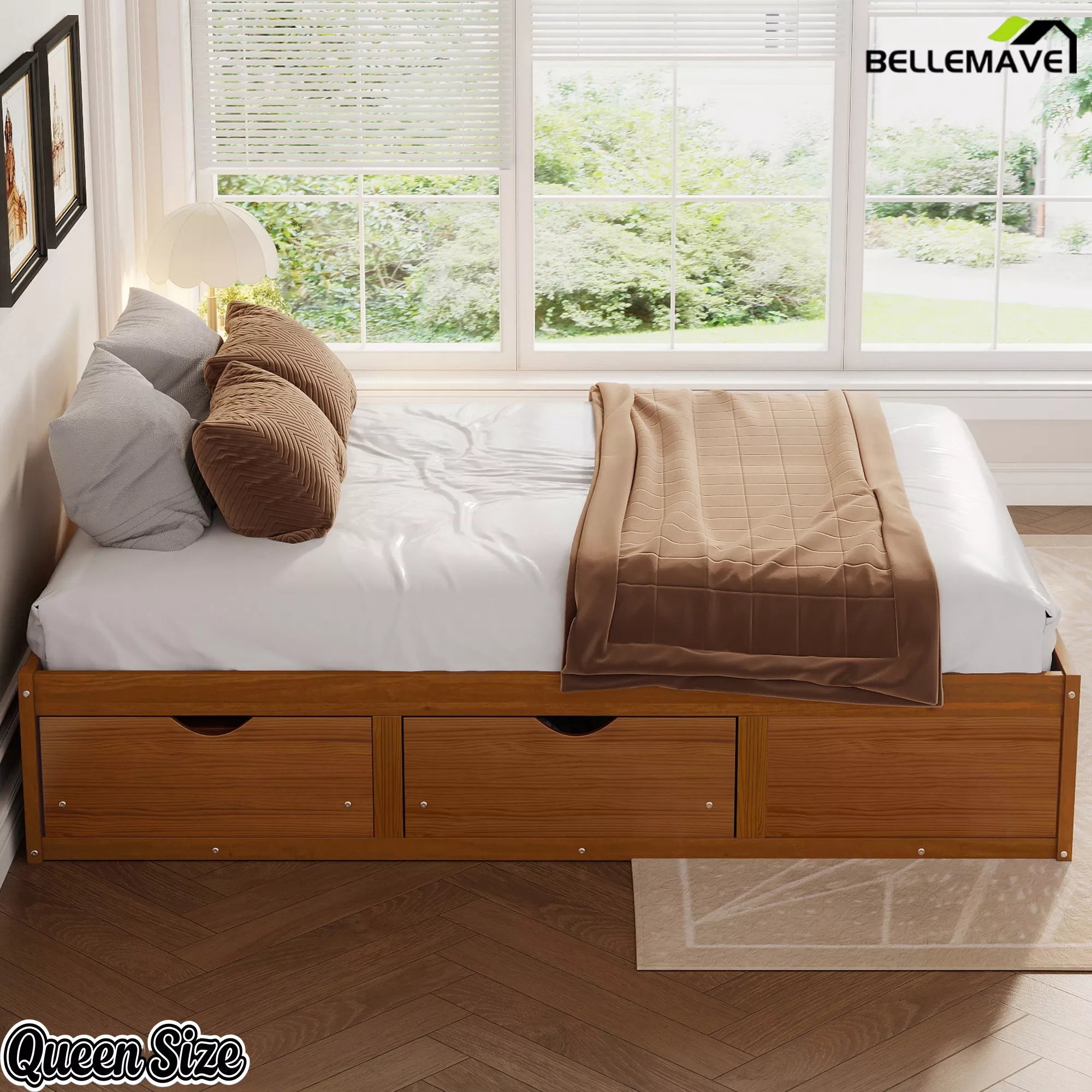 Bellemave® Solid Wood Platform Storage Bed with 6 Drawers, Pine Wood Storage Bed Frame - Bellemave