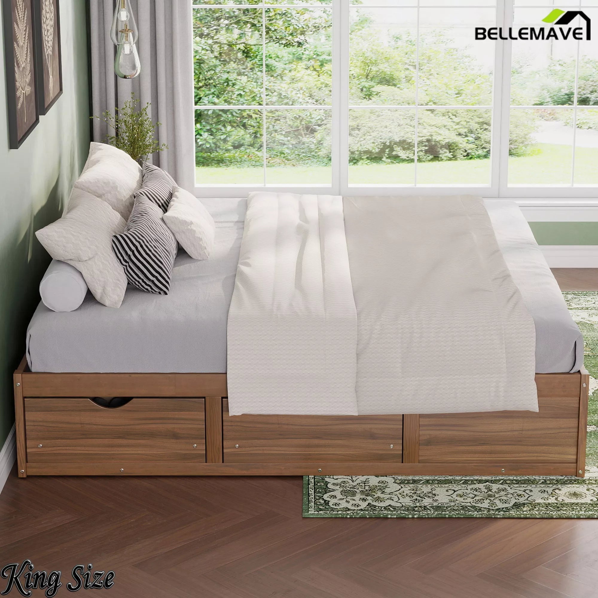 Bellemave® Solid Wood Platform Storage Bed with 6 Drawers, Pine Wood Storage Bed Frame - Bellemave