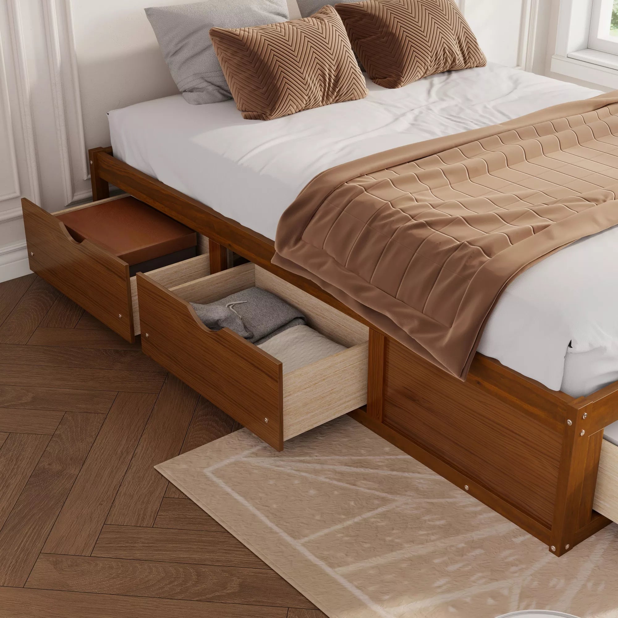Bellemave® Solid Wood Platform Storage Bed with 6 Drawers, Pine Wood Storage Bed Frame - Bellemave