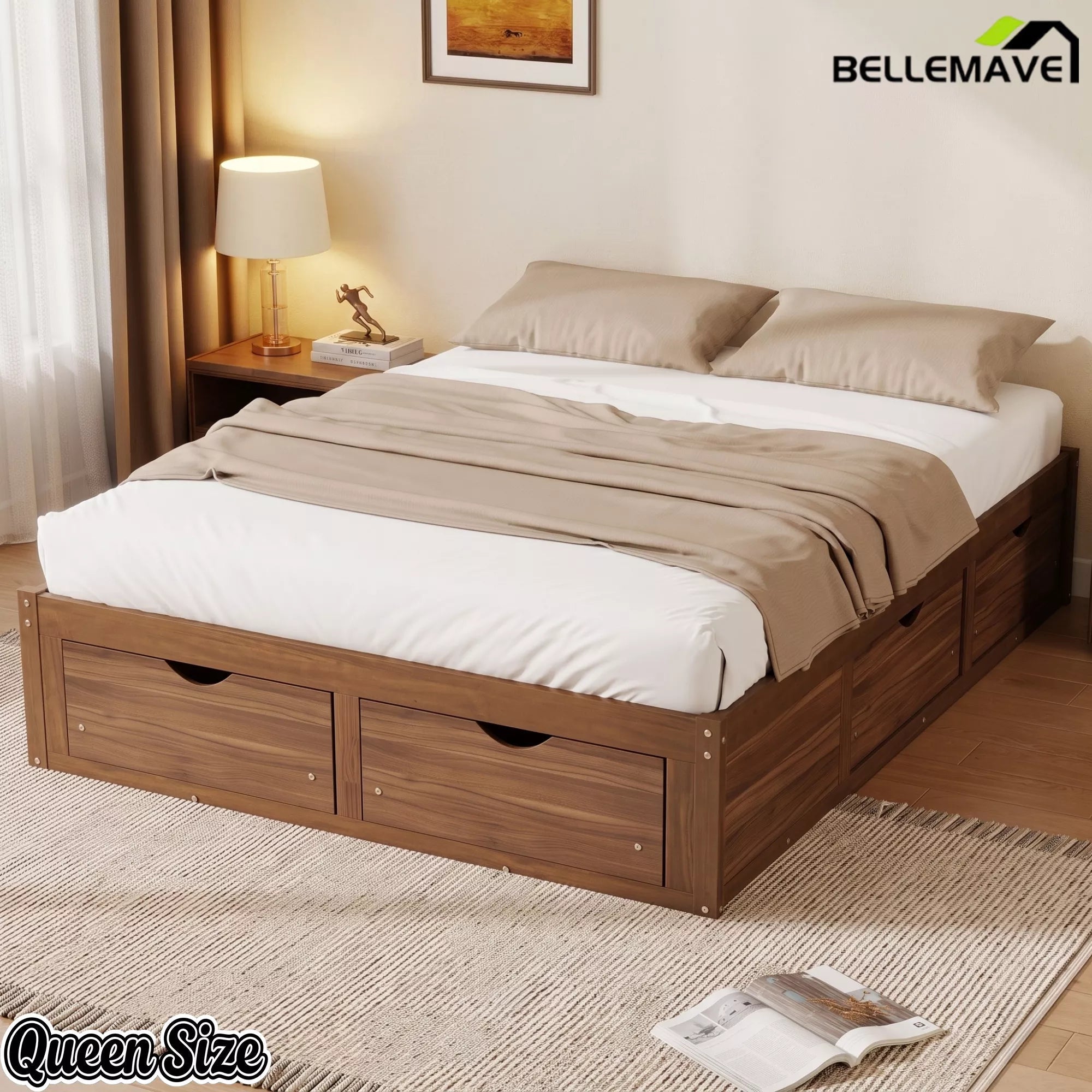 Bellemave® Solid Wood Platform Storage Bed with 6 Drawers, Pine Wood Storage Bed Frame - Bellemave