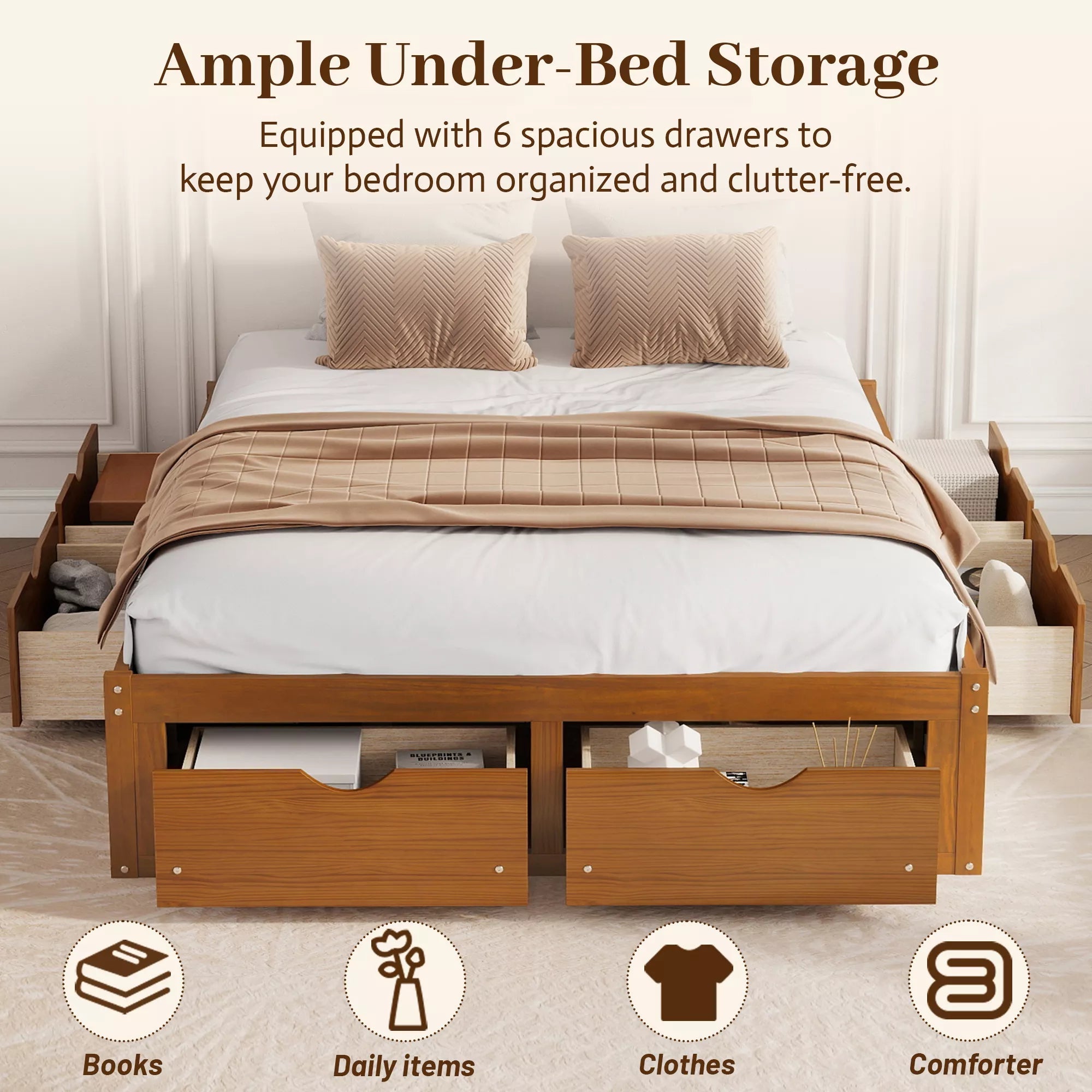 Bellemave® Solid Wood Platform Storage Bed with 6 Drawers, Pine Wood Storage Bed Frame - Bellemave
