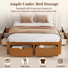 Bellemave® Solid Wood Platform Storage Bed with 6 Drawers, Pine Wood Storage Bed Frame - Bellemave