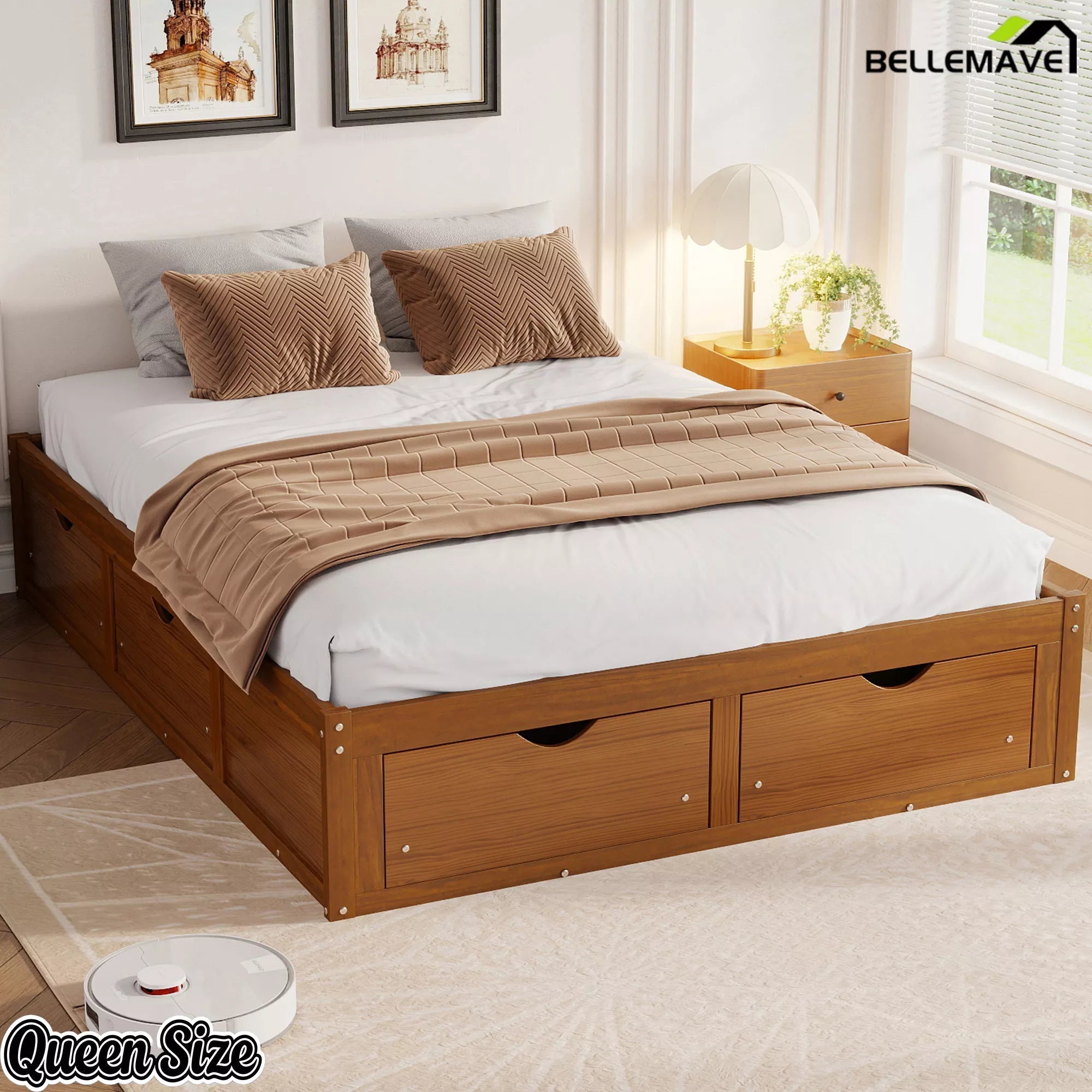 Bellemave® Solid Wood Platform Storage Bed with 6 Drawers, Pine Wood Storage Bed Frame - Bellemave