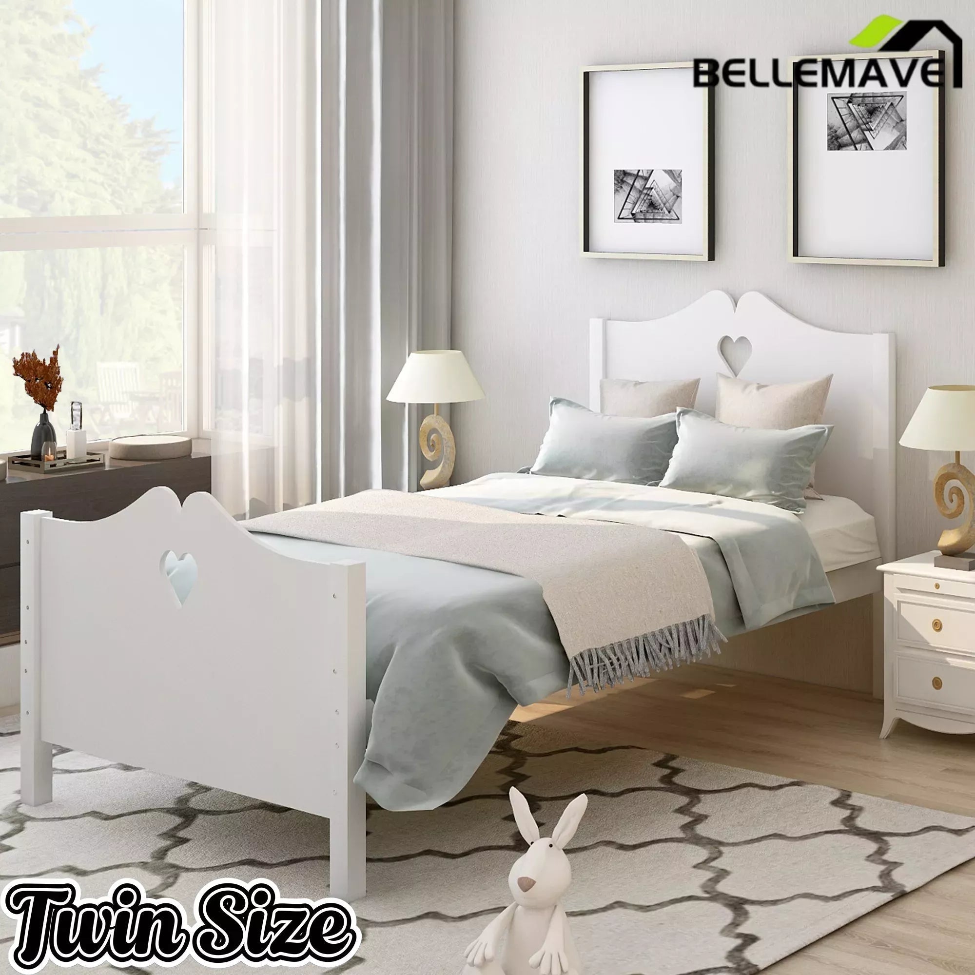 Bellemave® Solid Wood Twin Bed Frame for Girls,White Twin Princess Platform Bed Frame with Headboard/Footboard/Wood Slat Support - Bellemave
