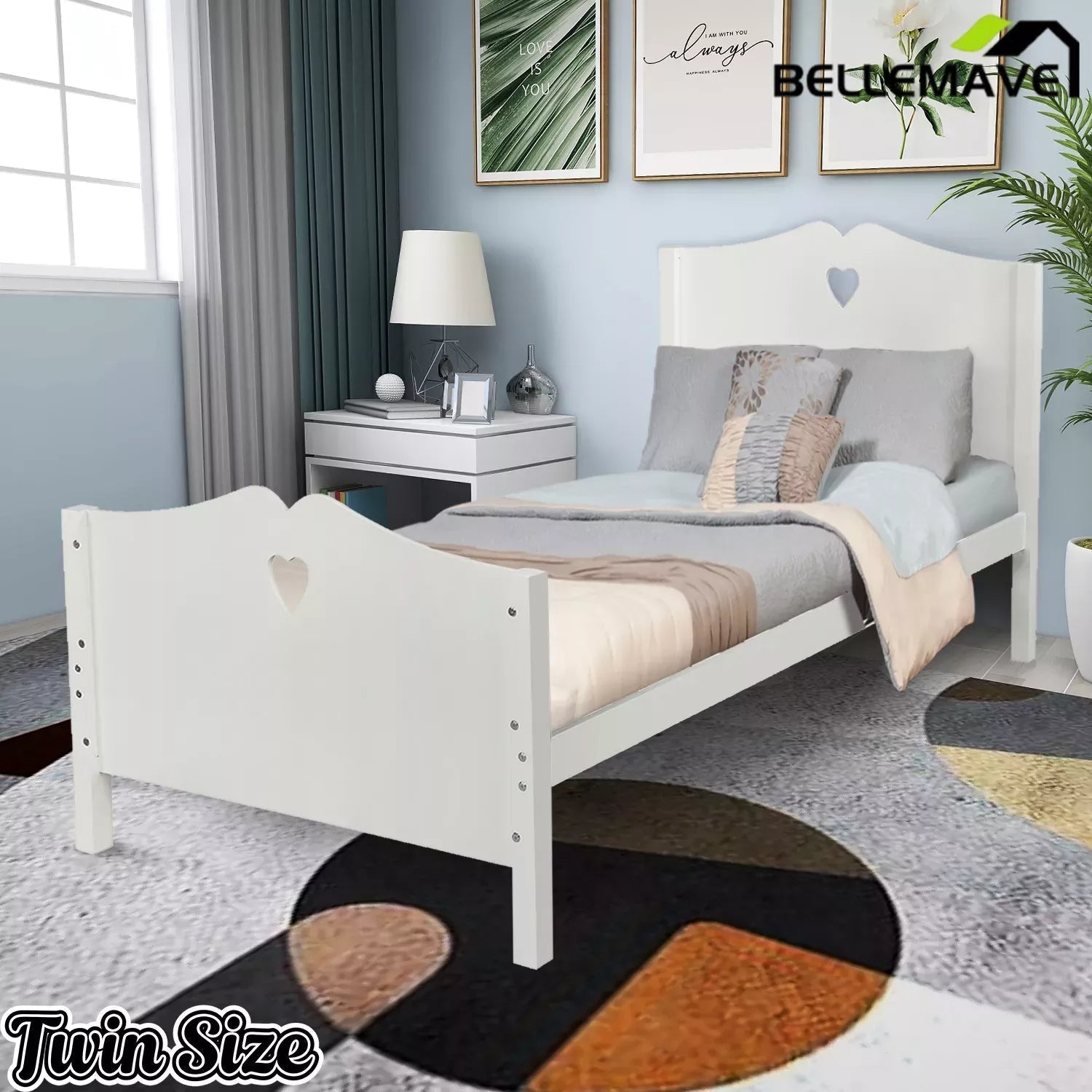 Bellemave® Solid Wood Twin Bed Frame for Girls,White Twin Princess Platform Bed Frame with Headboard/Footboard/Wood Slat Support - Bellemave