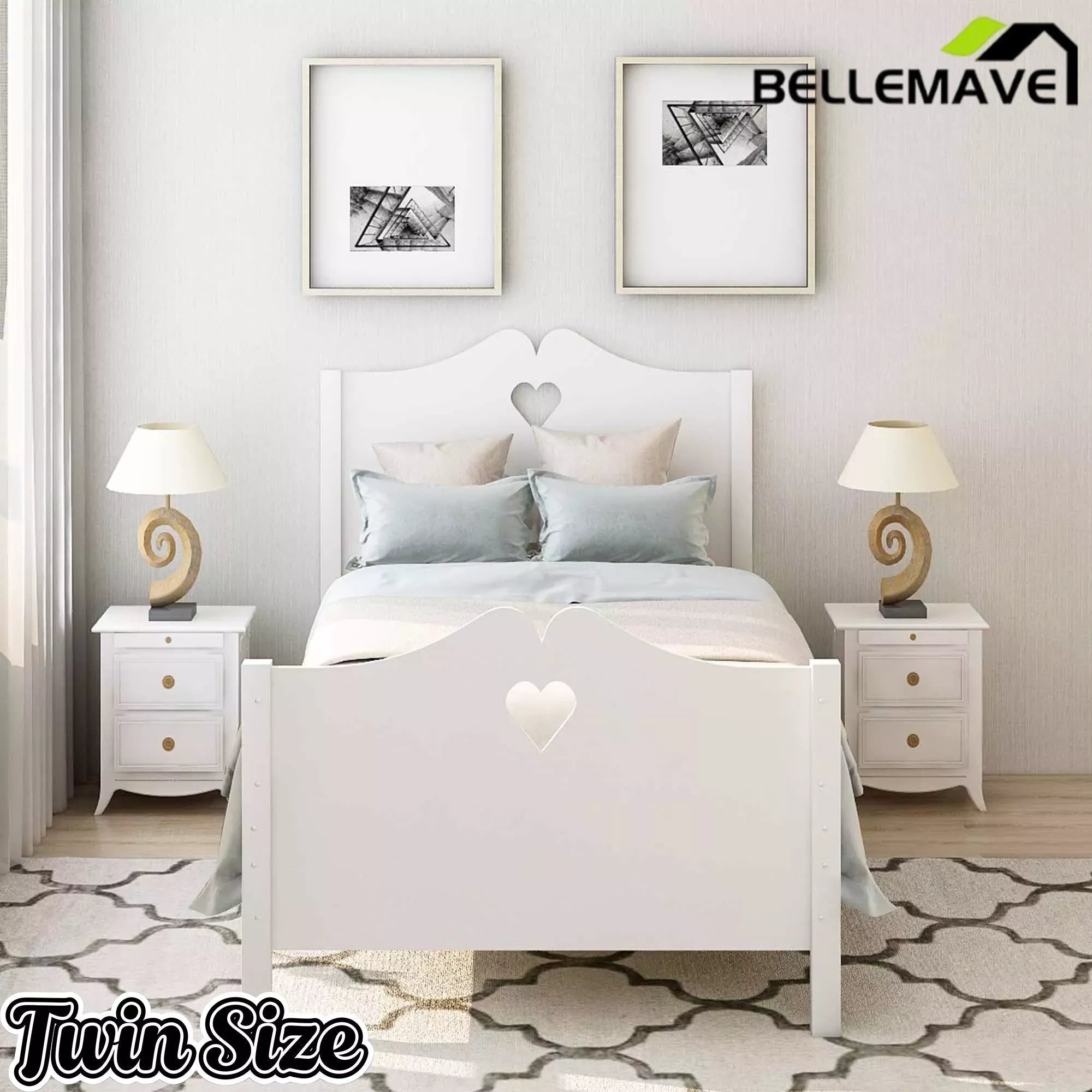 Bellemave® Solid Wood Twin Bed Frame for Girls,White Twin Princess Platform Bed Frame with Headboard/Footboard/Wood Slat Support - Bellemave
