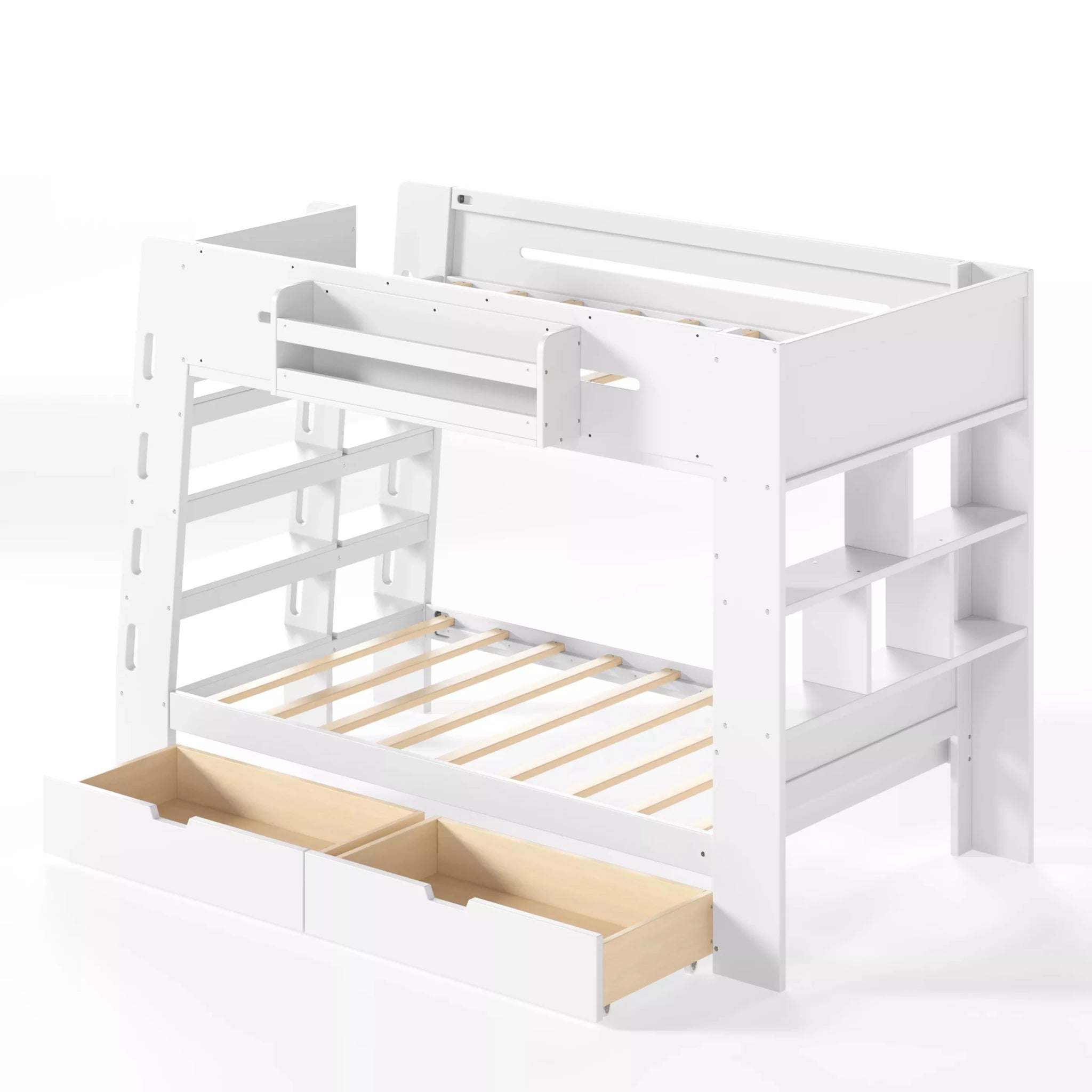 white bunk bed with storage drawers and safety guardrails