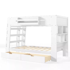 kids bunk bed with shelves and sturdy wooden structure