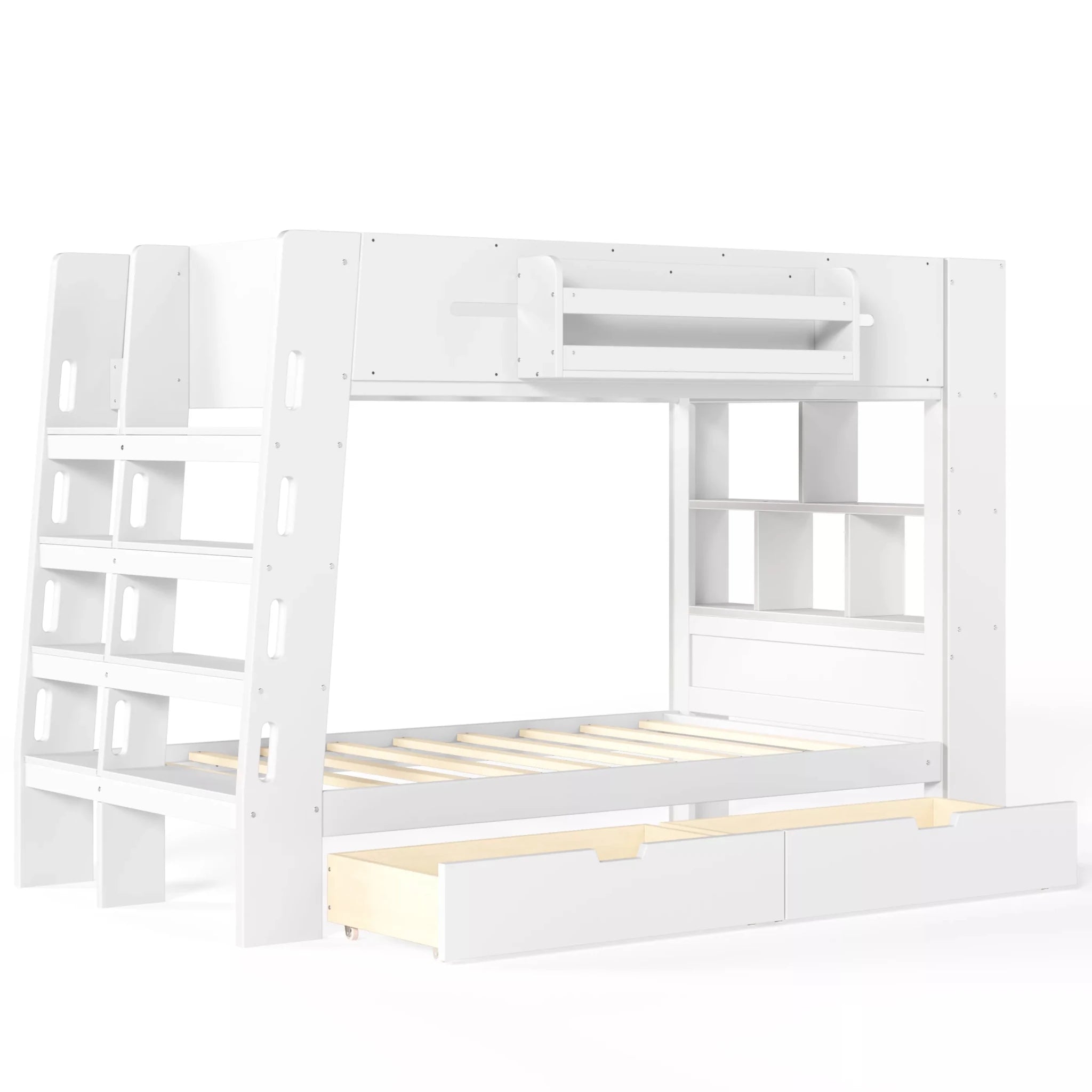 space saving bunk bed design with side storage shelves