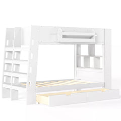 space saving bunk bed design with side storage shelves