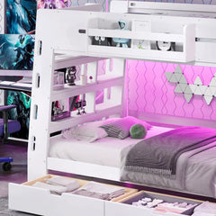 space saving bunk bed with LED lights and storage shelves