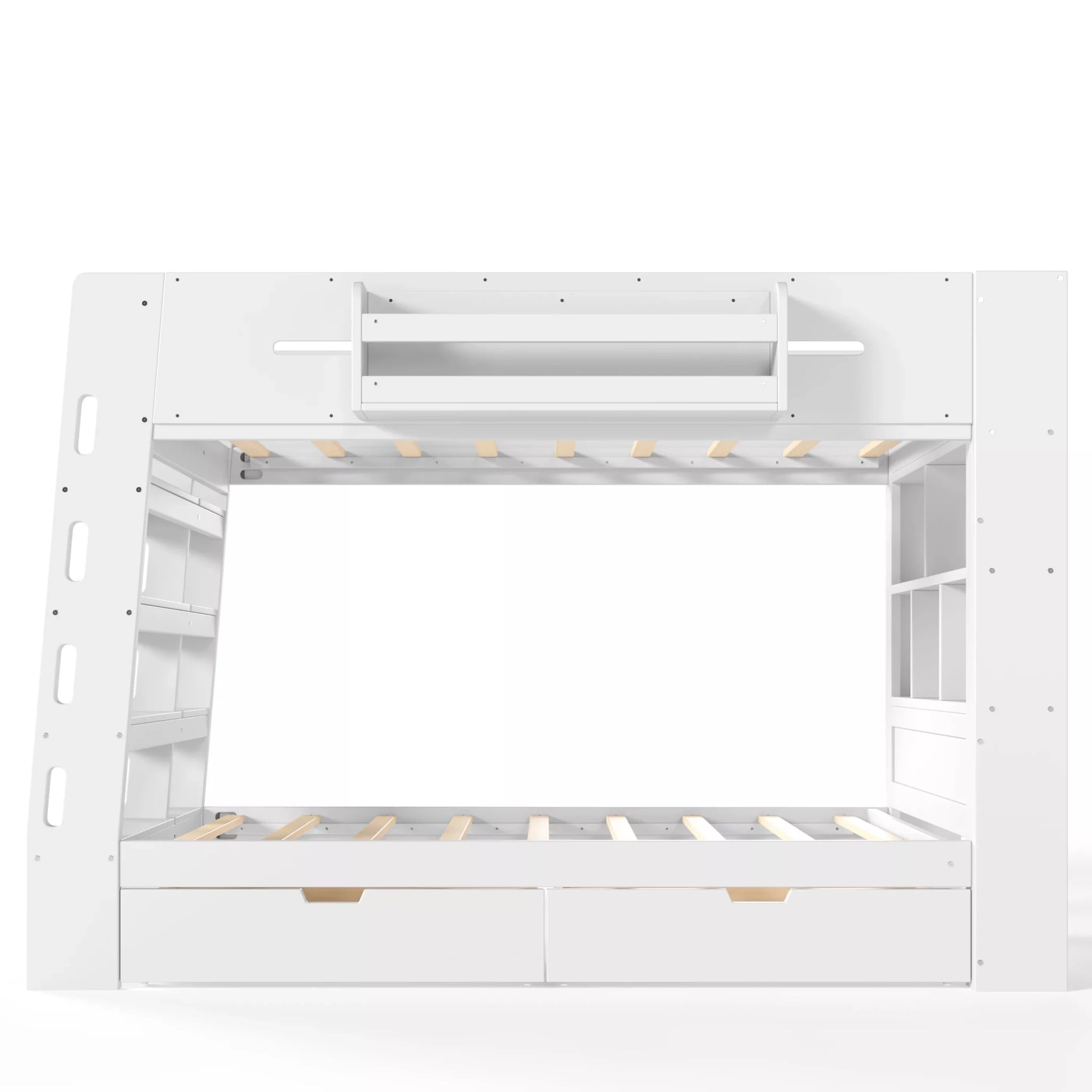 bunk bed with built in shelves and wooden slat support