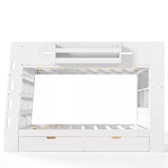 bunk bed with built in shelves and wooden slat support