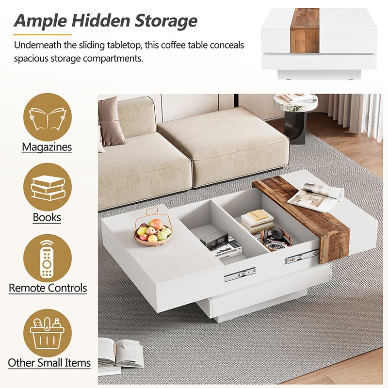 Bellemave® Square Coffee Table with Sliding Table Top with Hidden Storage Compartment - Bellemave