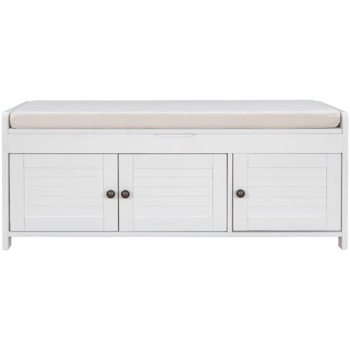 Bellemave® Storage Bench with 3 Shutter - shaped Doors, Shoe Bench with Removable Cushion and Hidden Storage Space - Bellemave