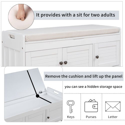 Bellemave® Storage Bench with 3 Shutter - shaped Doors, Shoe Bench with Removable Cushion and Hidden Storage Space - Bellemave