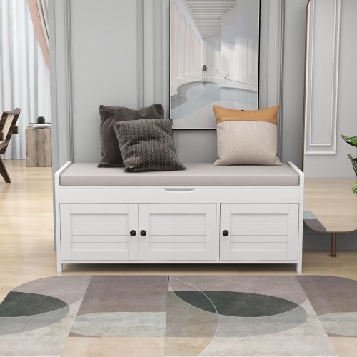 Bellemave® Storage Bench with 3 Shutter - shaped Doors, Shoe Bench with Removable Cushion and Hidden Storage Space - Bellemave