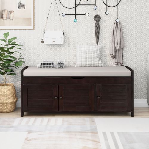 Bellemave® Storage Bench with 3 Shutter - shaped Doors, Shoe Bench with Removable Cushion and Hidden Storage Space - Bellemave