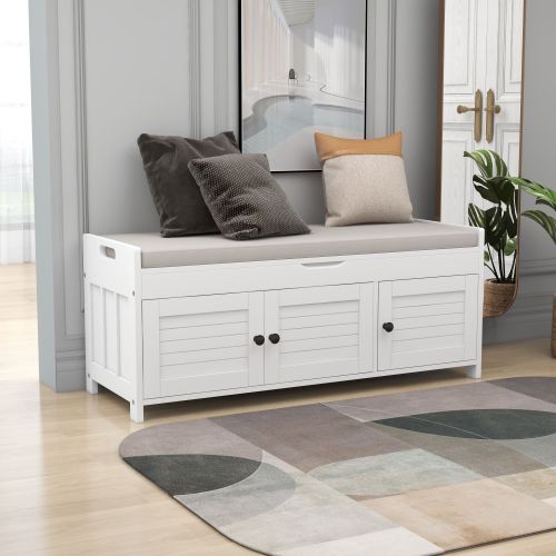 Bellemave® Storage Bench with 3 Shutter - shaped Doors, Shoe Bench with Removable Cushion and Hidden Storage Space - Bellemave