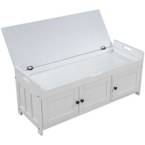 Bellemave® Storage Bench with 3 Shutter - shaped Doors, Shoe Bench with Removable Cushion and Hidden Storage Space - Bellemave