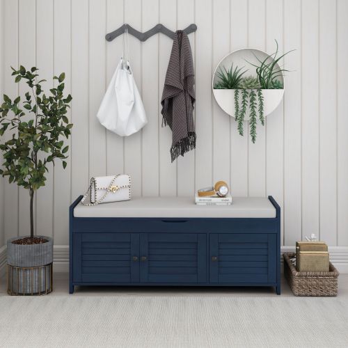 Bellemave® Storage Bench with 3 Shutter - shaped Doors, Shoe Bench with Removable Cushion and Hidden Storage Space - Bellemave