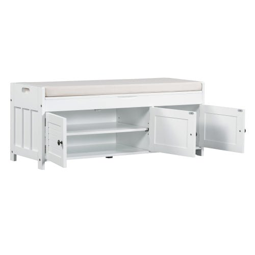 Bellemave® Storage Bench with 3 Shutter - shaped Doors, Shoe Bench with Removable Cushion and Hidden Storage Space - Bellemave