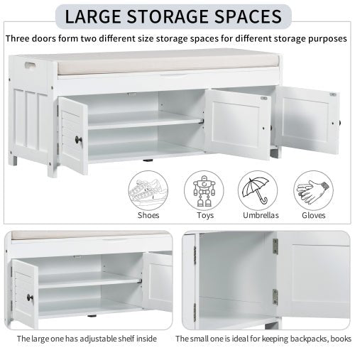 Bellemave® Storage Bench with 3 Shutter - shaped Doors, Shoe Bench with Removable Cushion and Hidden Storage Space - Bellemave