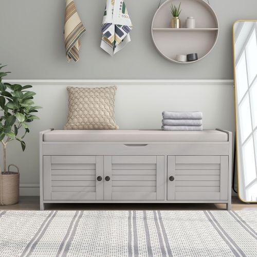 Bellemave® Storage Bench with 3 Shutter - shaped Doors, Shoe Bench with Removable Cushion and Hidden Storage Space - Bellemave