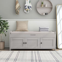 Bellemave® Storage Bench with 3 Shutter - shaped Doors, Shoe Bench with Removable Cushion and Hidden Storage Space - Bellemave