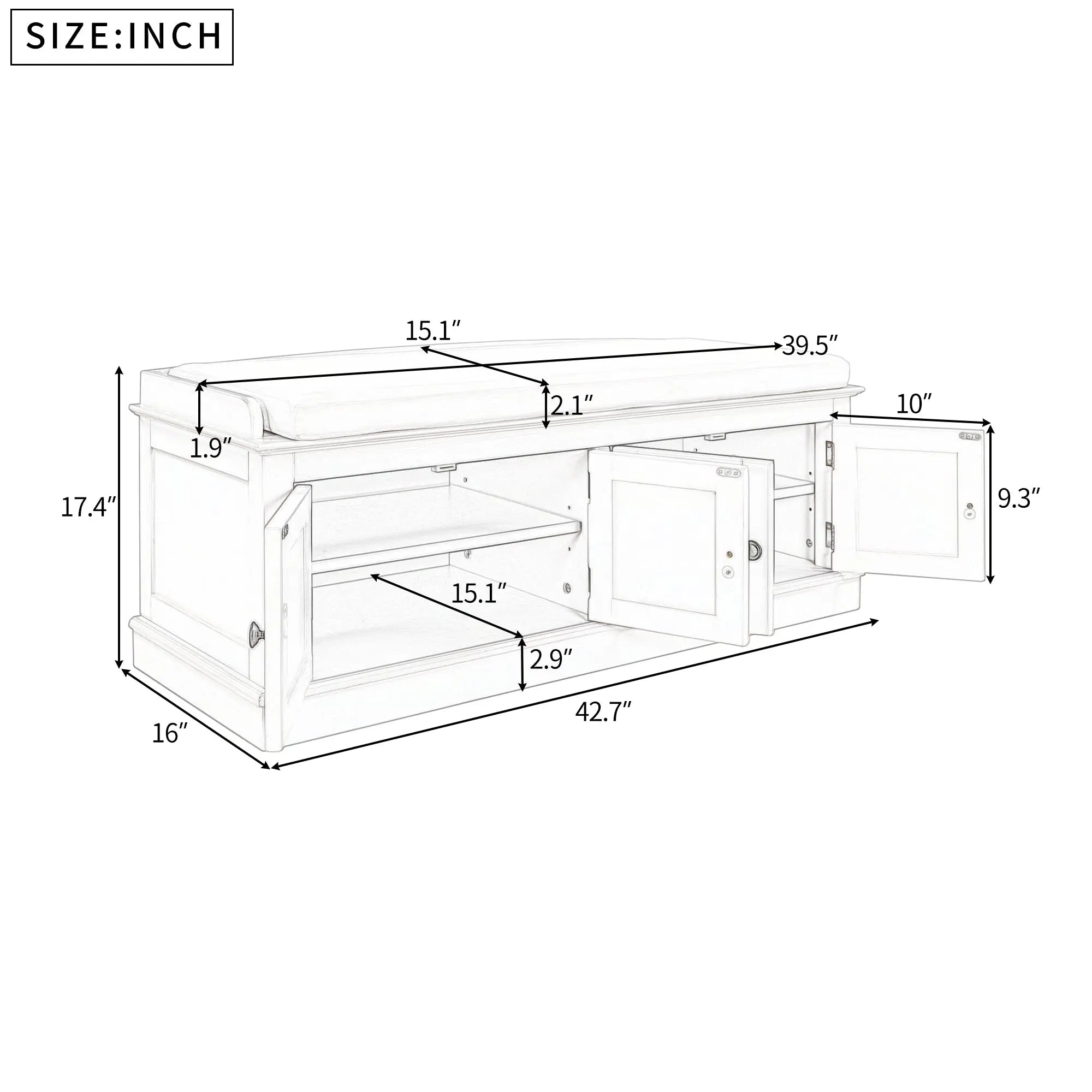 Bellemave® Storage Bench with 4 Doors and Adjustable Shelves - Bellemave