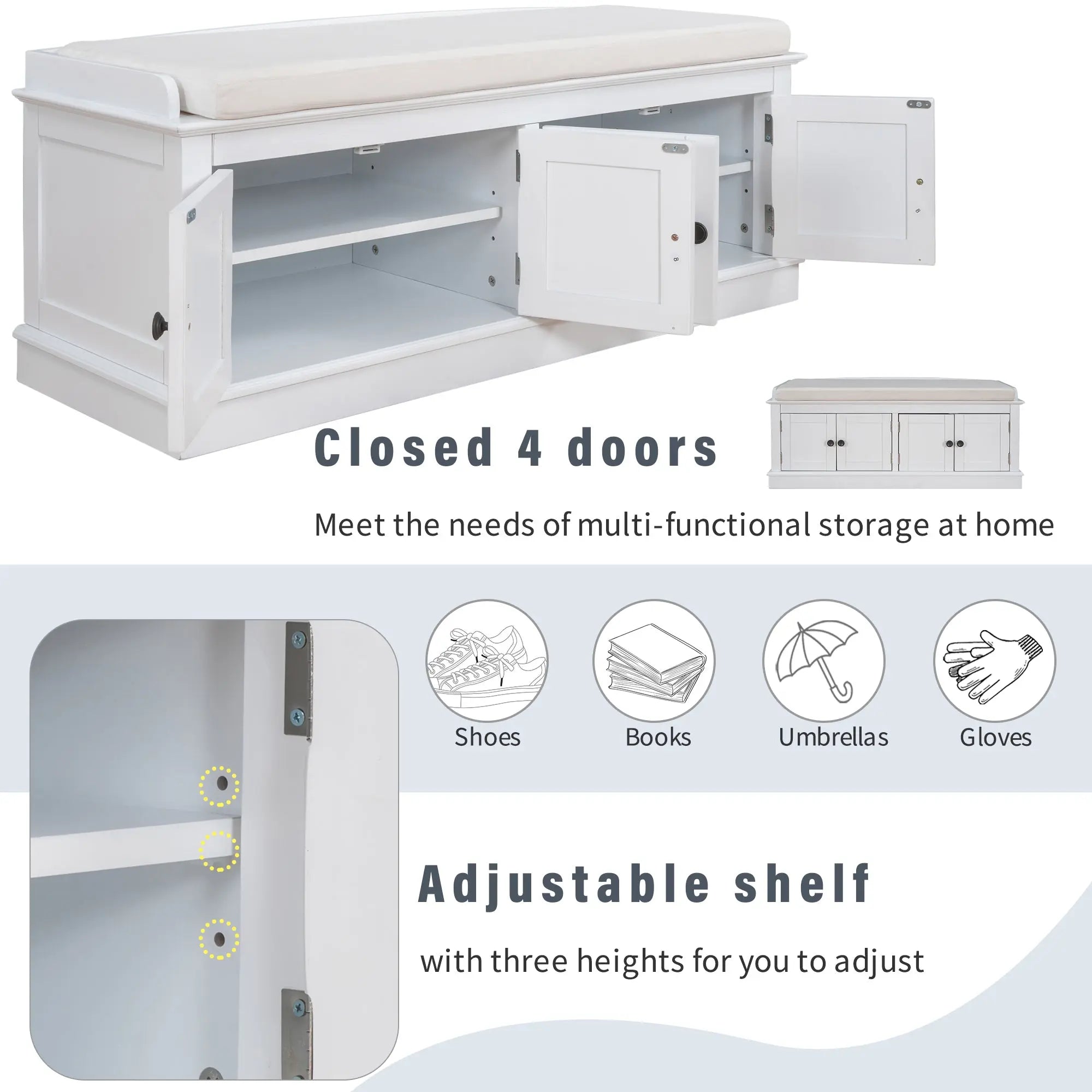 Bellemave® Storage Bench with 4 Doors and Adjustable Shelves - Bellemave
