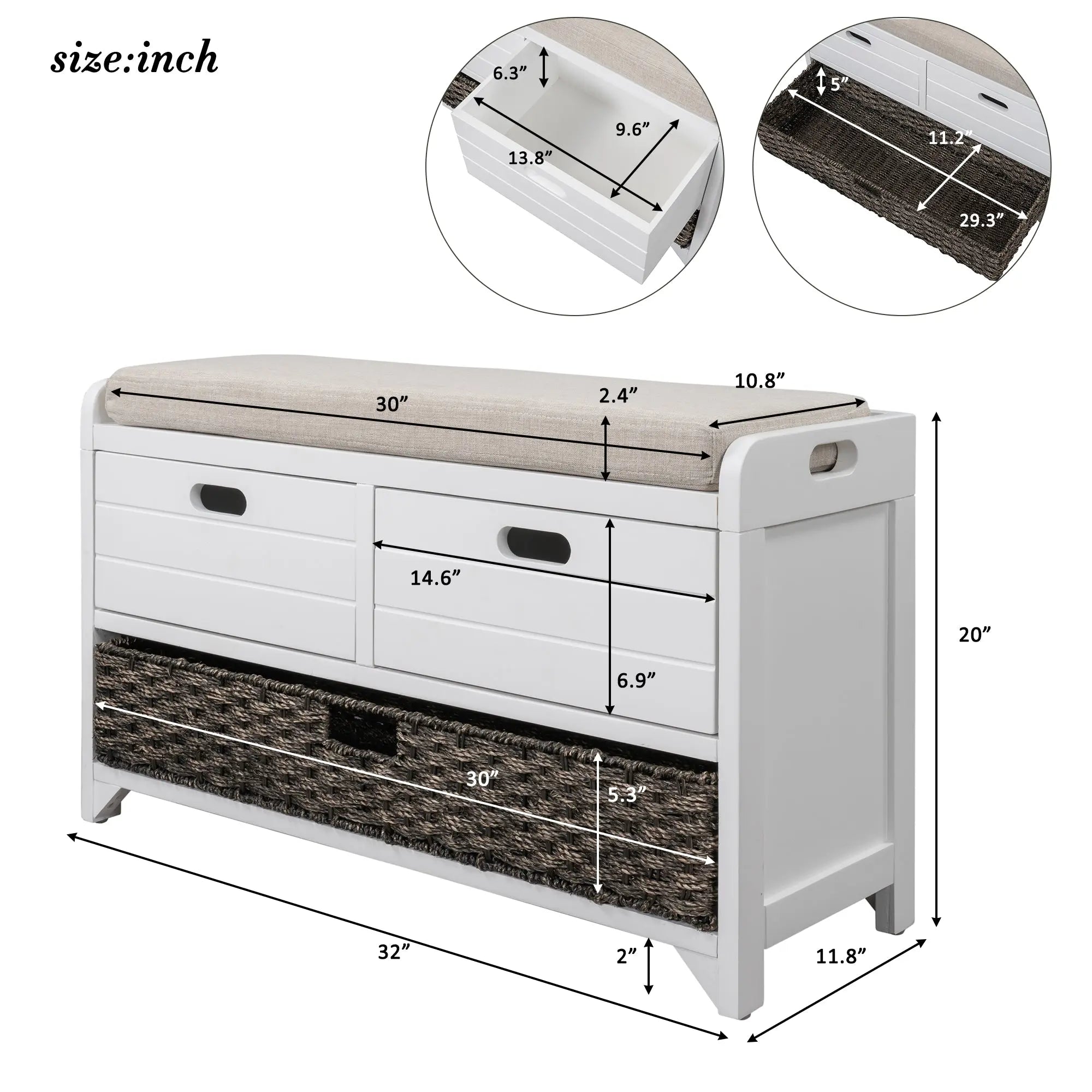 Bellemave® Storage Bench with Removable Basket and 2 Drawers - Bellemave