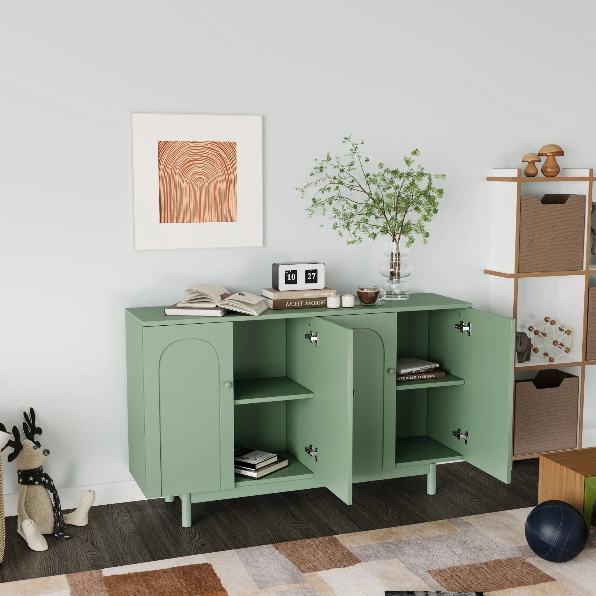 Bellemave® Stylish and Functional 4 - Door Intaglio Storage Cabinet with Solid Wood Legs and Pulls - Bellemave