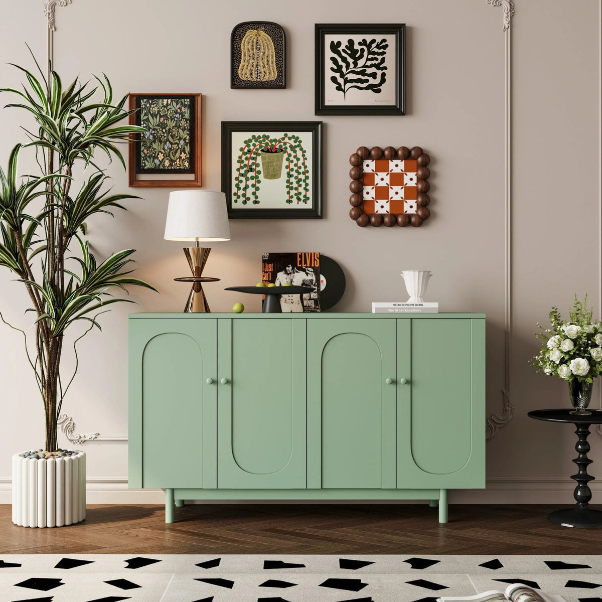 Bellemave® Stylish and Functional 4 - Door Intaglio Storage Cabinet with Solid Wood Legs and Pulls - Bellemave
