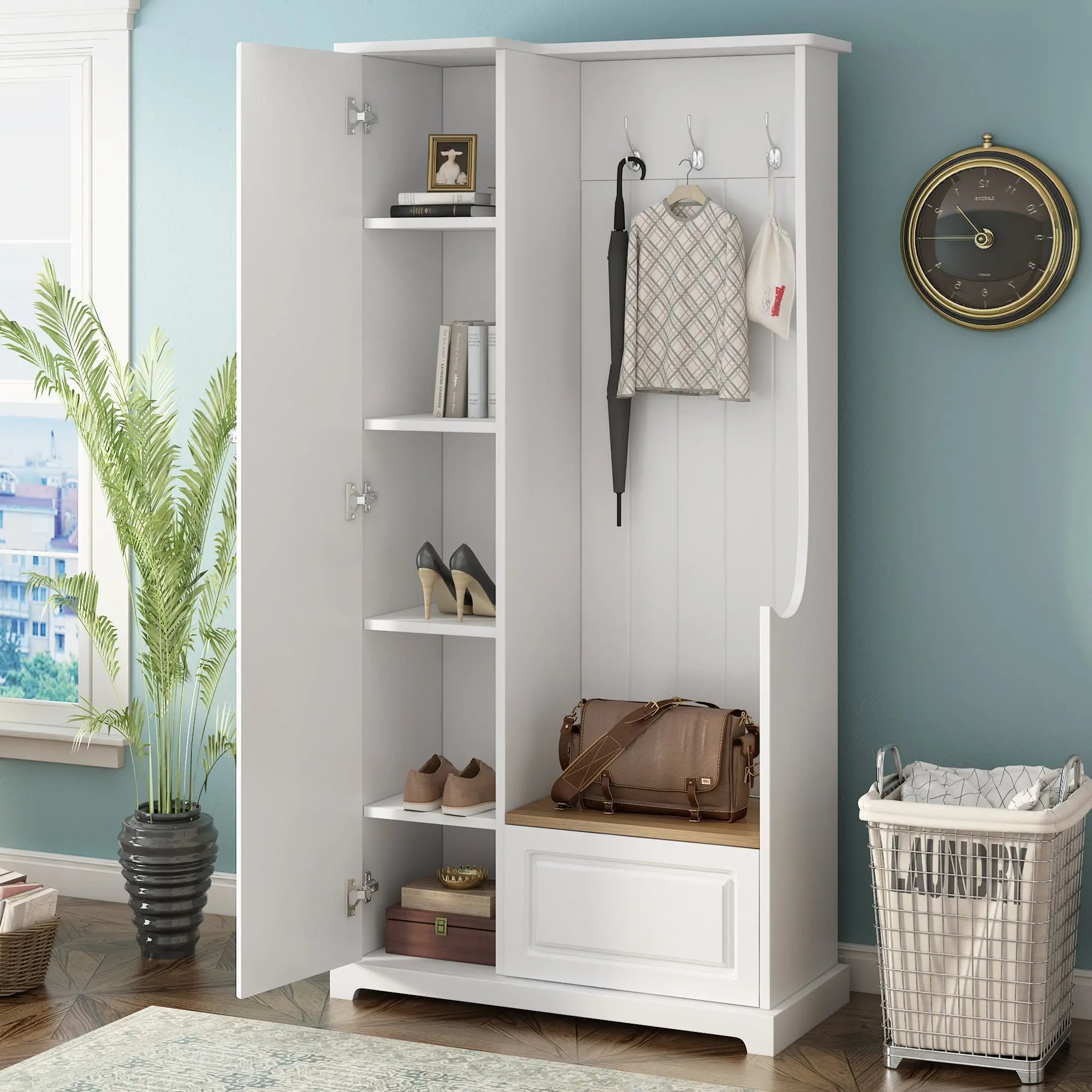 Bellemave® Stylish Design Hall Tree with Flip - Up Bench,Adjustable Shelves and Hanging Hooks - Bellemave