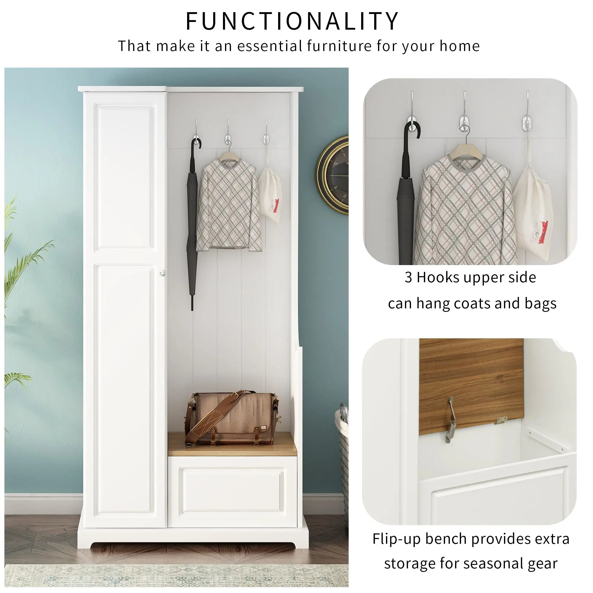 Bellemave® Stylish Design Hall Tree with Flip - Up Bench,Adjustable Shelves and Hanging Hooks - Bellemave