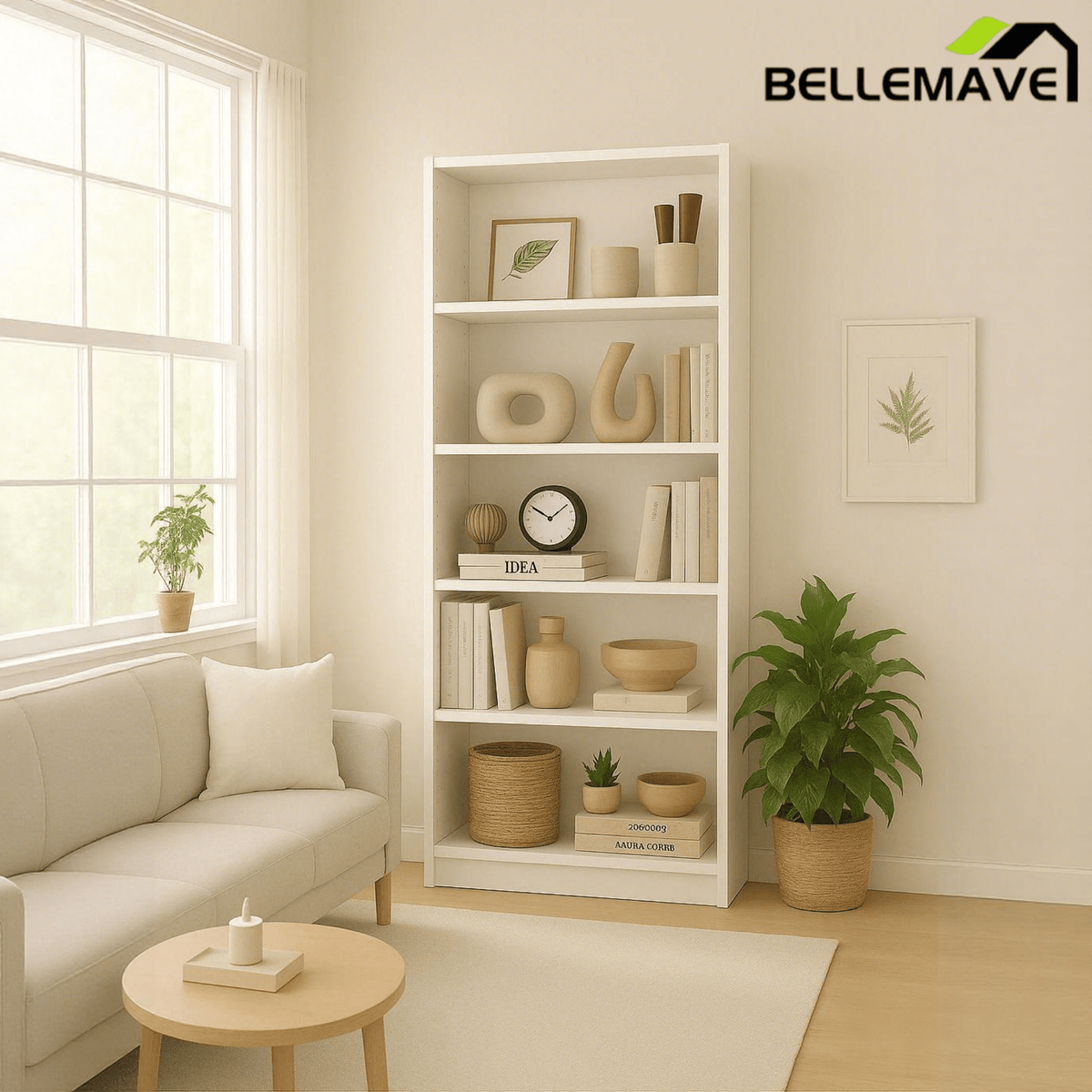 Bellemave® Tall 5 Shelf Bookcase, 5 Tier Bookshelf Storage Cabinet for Living Room, Bedroom or Home Office - Bellemave