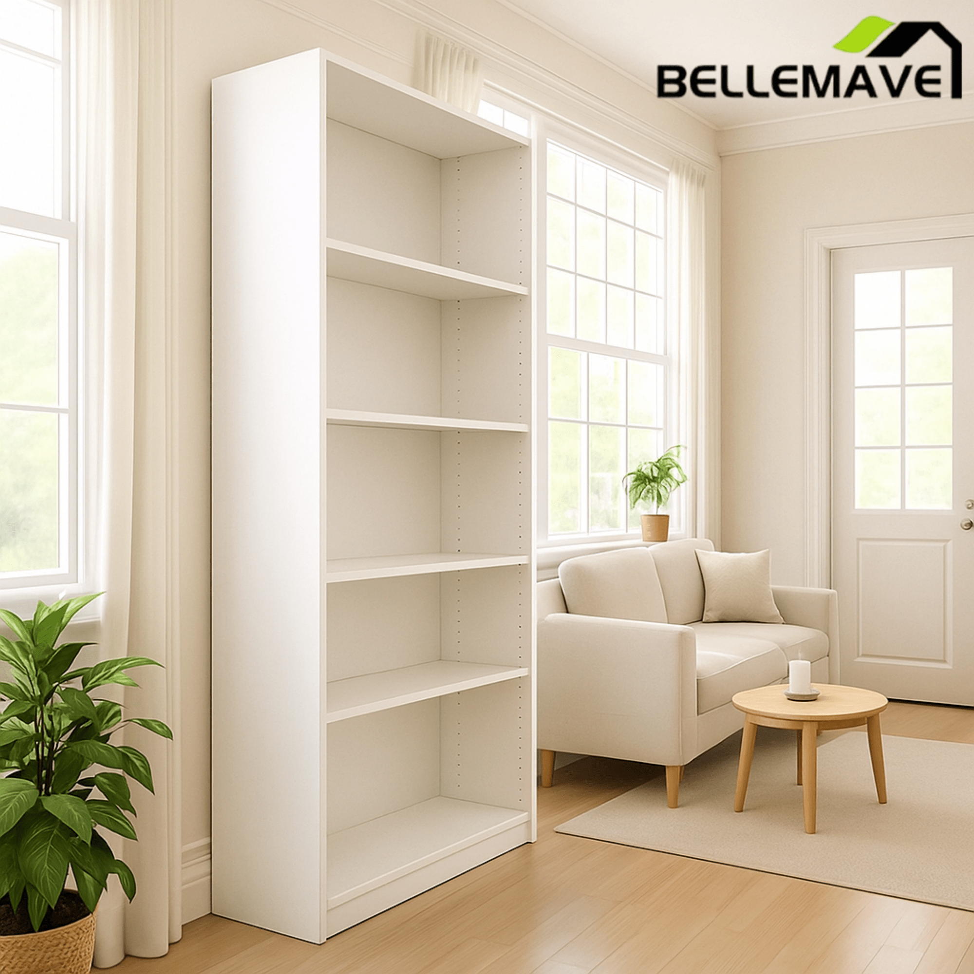 Bellemave® Tall 5 Shelf Bookcase, 5 Tier Bookshelf Storage Cabinet for Living Room, Bedroom or Home Office - Bellemave