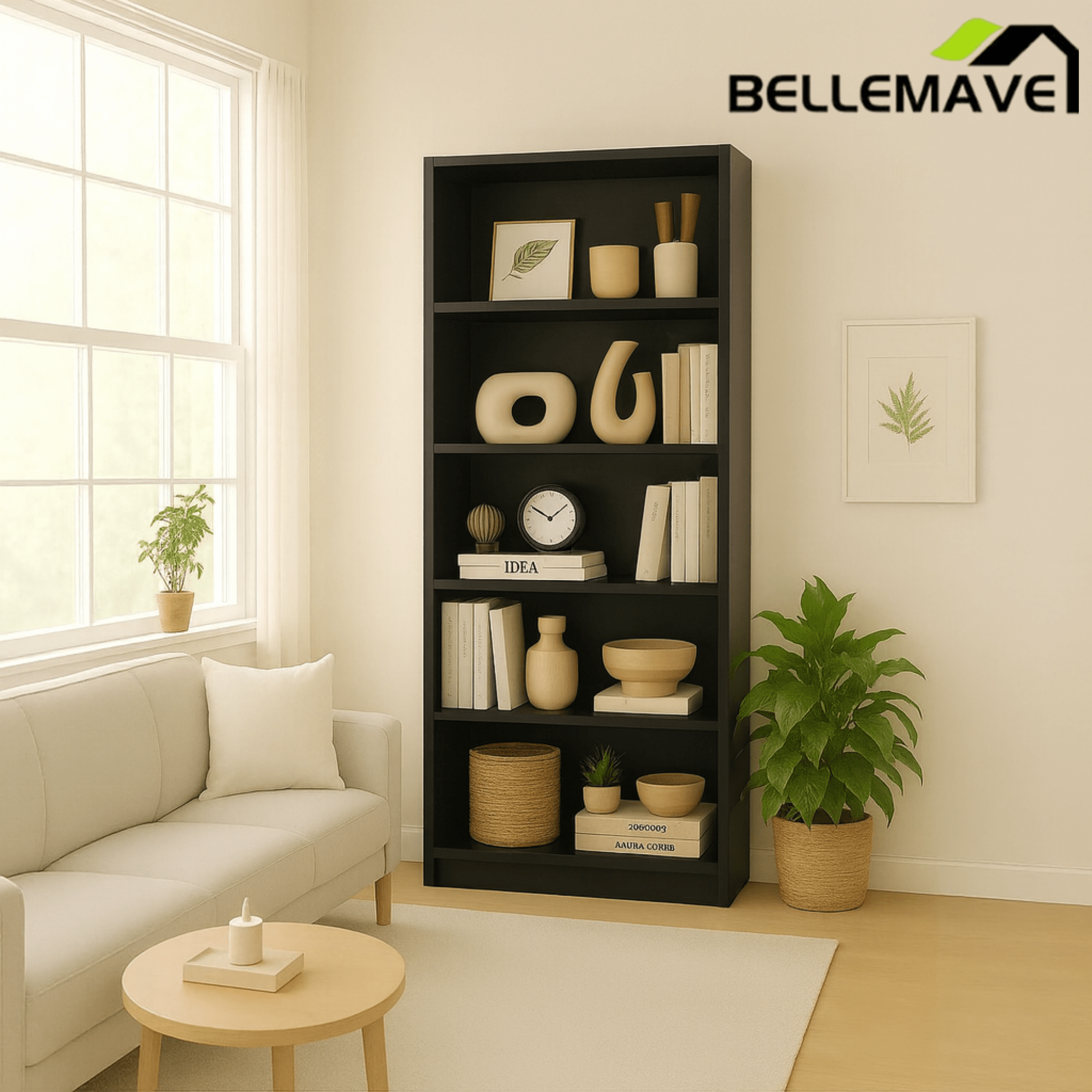 Bellemave® Tall 5 Shelf Bookcase, 5 Tier Bookshelf Storage Cabinet for Living Room, Bedroom or Home Office - Bellemave