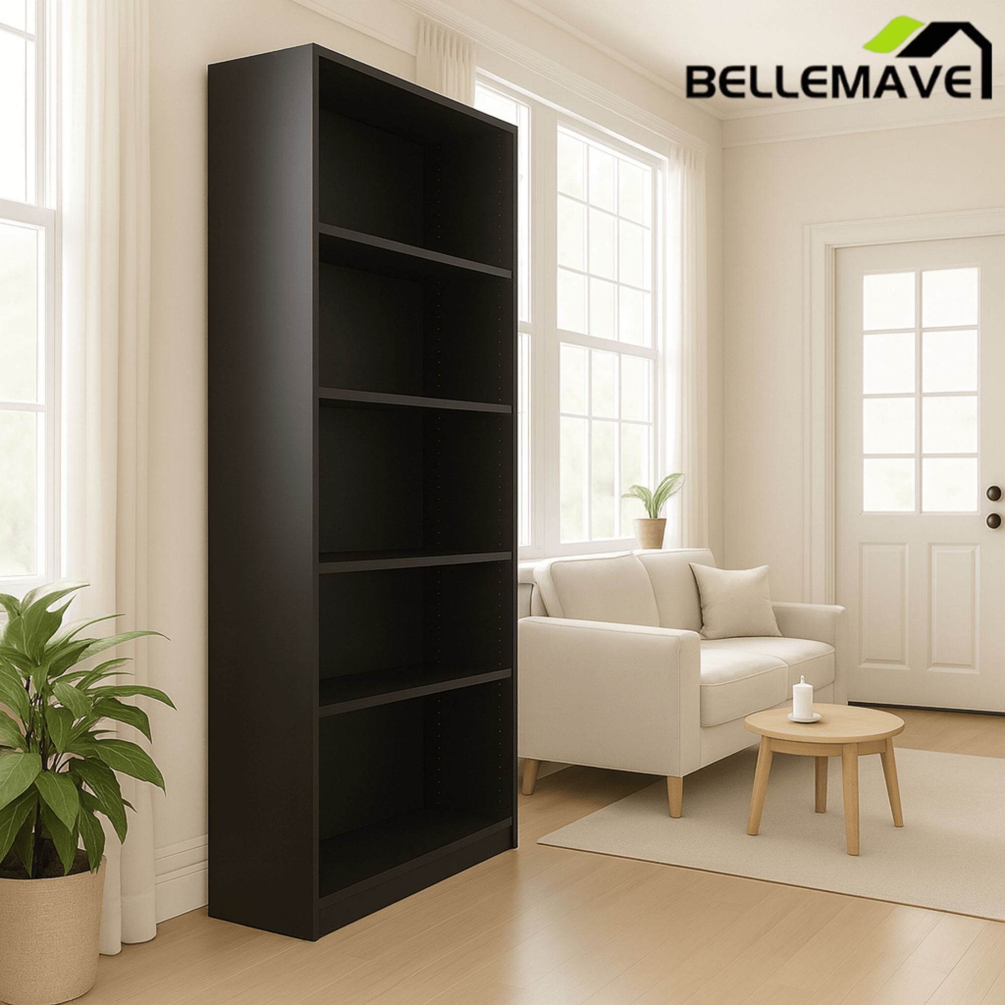 Bellemave® Tall 5 Shelf Bookcase, 5 Tier Bookshelf Storage Cabinet for Living Room, Bedroom or Home Office - Bellemave