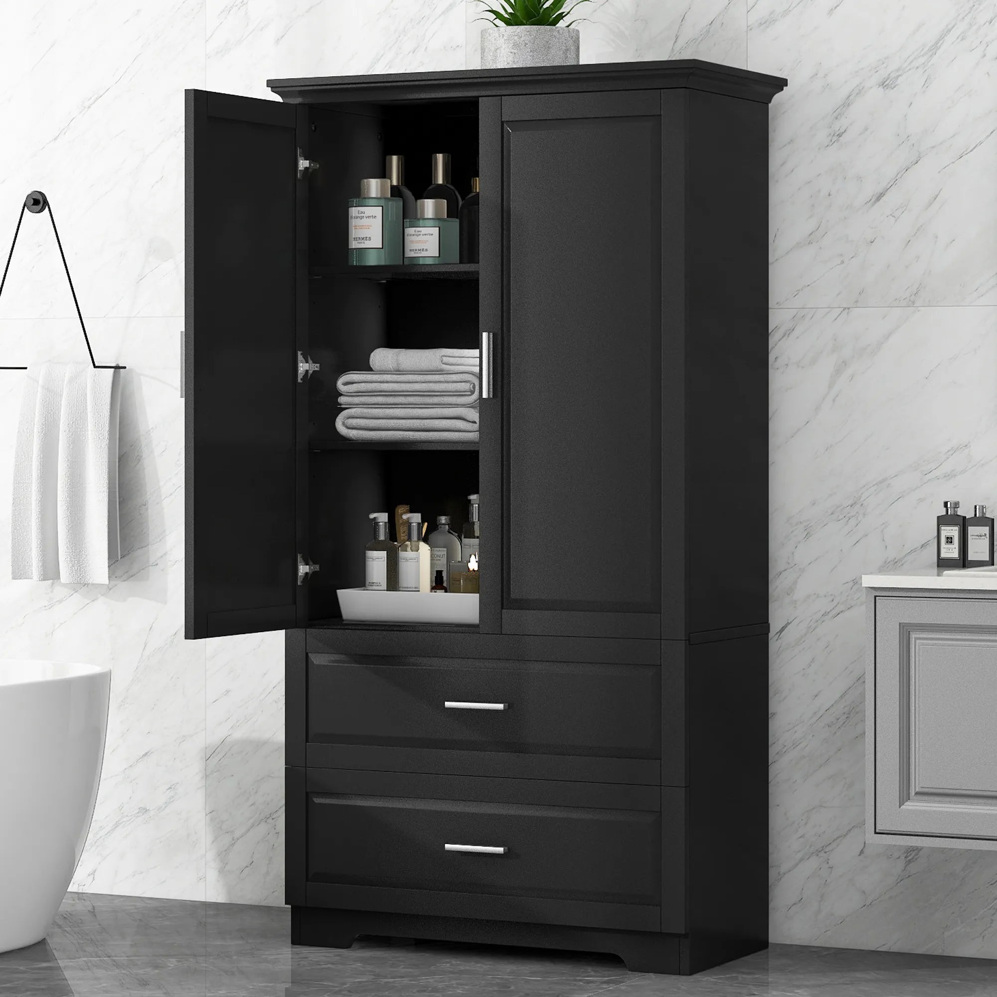 Bellemave® Tall Bathroom Storage Cabinet, Two Doors and Drawers, Adjustable Shelf - Bellemave