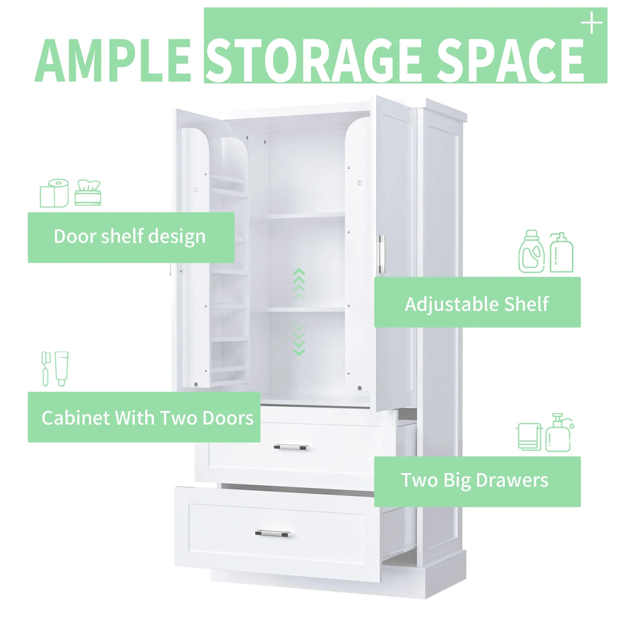 Bellemave® Tall Bathroom Storage Cabinet, Two Doors and Drawers, Adjustable Shelf - Bellemave